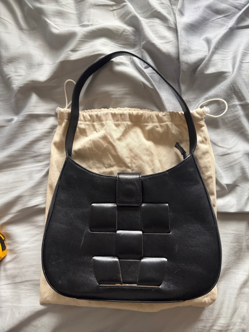 Hereu Bauza Black Leather Structured Shoulder Bag with Woven Front Detail